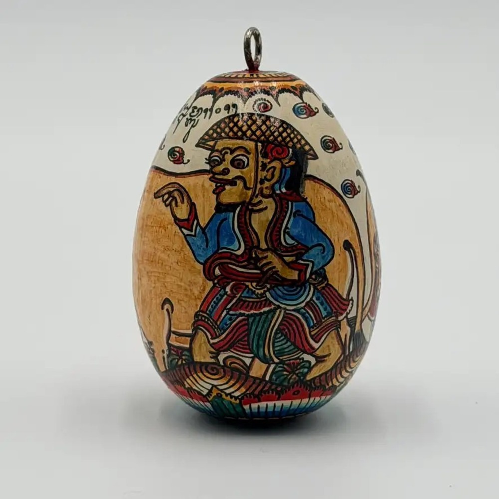Vintage Hand Painted Wooden Egg Hanging Ornament Asian Folk Art Collectible Deco